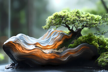 Bonsai,Featuring smooth curves resembling the flowing hair of an ancient empress, this driftwood bonsai piece grows on lush green moss in a Japanese garden.