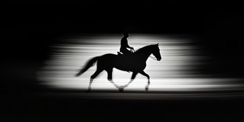 Obraz premium Silhouette of a Horse and Rider in Motion Against a Dramatic Blurred Background