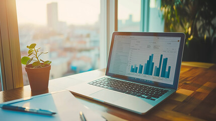 Laptop displaying real-time business analytics and predictive growth models, featuring bar graphs, financial charts, and KPI dashboards on a desk by the window.