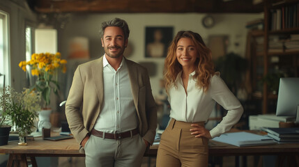 Smiling latin business partners standing confidently in modern office with natural light and stylish decor. 