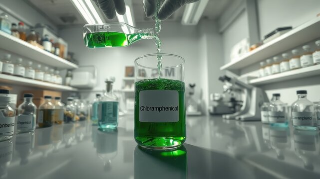 Chloramphenicol Liquid Poured Into Beaker in Laboratory