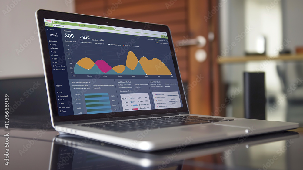 Canvas Prints laptop screen displaying a colorful data dashboard with growth metrics, charts, and a line graph sho