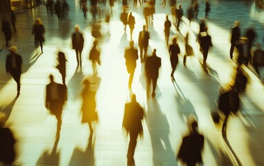 A blurry image of a crowded city street with people walking and carrying bags