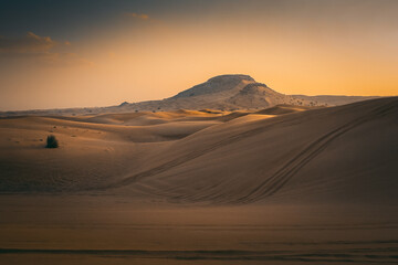 Beautiful sand dunes landscape,  wide panorama of desert dunes, Dubai desert, UAE