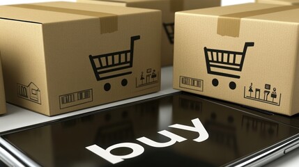 Cardboard boxes with shopping cart symbols on a smartphone displaying "Buy" on the screen.