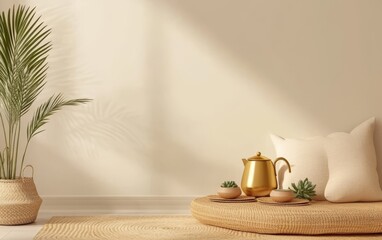 A room with a white wall and a gold tea kettle on a rug