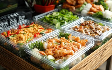 Obraz premium A table with several trays of food, including a tray of shrimp