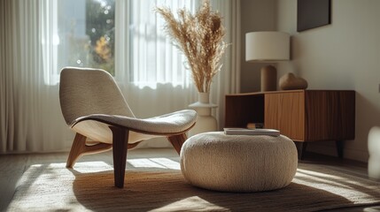 Stylish boho minimalist home featuring boucle chair, modern ottoman, designer coffee table, lamp, vase with dried flowers, and elegant accents.