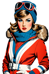 Stylish Vintage Ski Woman in Red and Blue Winter Gear