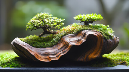 Bonsai,Featuring smooth curves resembling the flowing hair of an ancient empress, this driftwood bonsai piece grows on lush green moss in a Japanese garden.