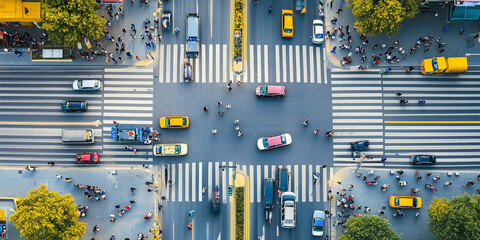 Aerial view of a busy city crossroad junction with cars and pedestrians.