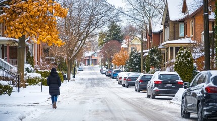 Obraz premium Quiet Winter Walk in a Dimly Lit Neighborhood