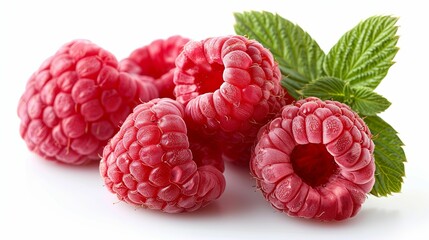 Close-up of ripe red raspberries with green leaves on white background