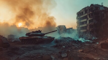Fototapeta premium Tank in Urban War Zone Amidst Destroyed Buildings and Fire. Smoke-Filled Battlefield Scene