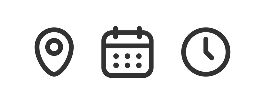 Time, calendar, location icon set. Clock, pin, date signs.