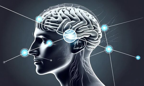 Concept: mind, intelligence, intellect. The brain with convolutions in the human head.