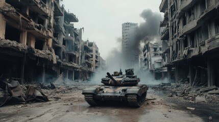 Obraz premium Tank in Urban War Zone Amidst Destroyed Buildings and Fire. Smoke-Filled Battlefield Scene