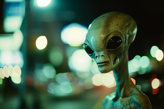 Image of extraterrestrial alien in glowing light night club generative AI