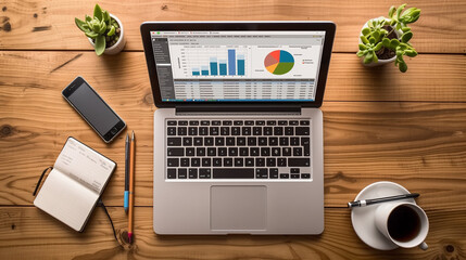 Laptop with a dynamic spreadsheet and pie chart visualizing business growth statistics, surrounded by notepads, pens, and a coffee cup on a wooden desk.