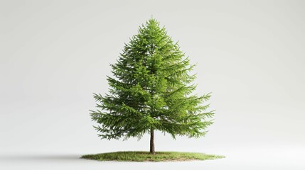 Single Evergreen Tree with Green Foliage and a Patch of Grass on a White Background