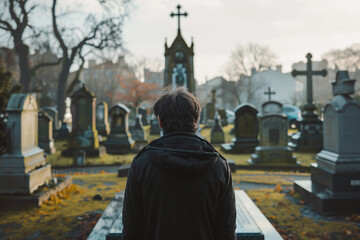 Naklejka premium Grieving man at funeral ceremony emotional mourning scene generative AI picture