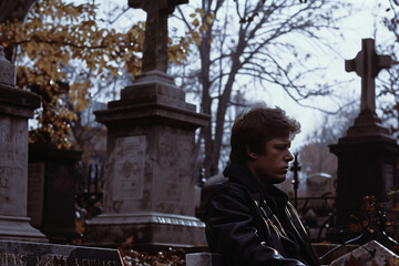 Obraz premium Sad bury ceremony at old cemetery church funeral farewell RIP generative AI picture