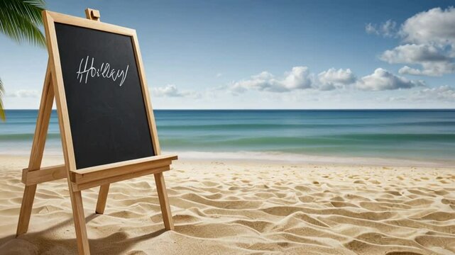 a small wooden-framed chalkboard placed on a sandy beach