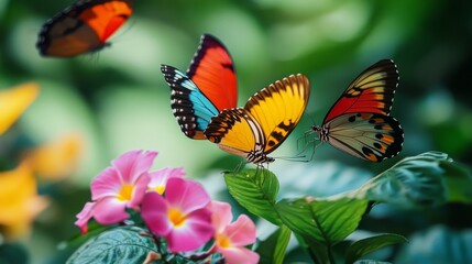 Obraz premium Vivid tropical butterflies flutter in vibrant hues across a pristine backdrop.