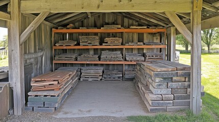 Rustic Storage Room with Stacked Wooden Pieces