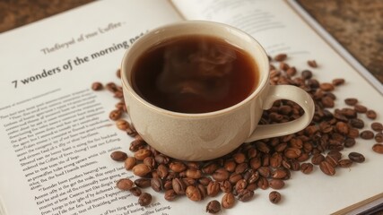 Fototapeta premium Coffee Cup with Coffee Beans on Book