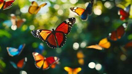 Vivid tropical butterflies flutter in vibrant hues across a pristine backdrop.