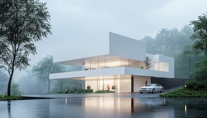 Obraz premium Modern Minimalist White Building in Mist and Heavy Rain with Car