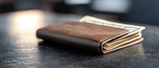 A brown wallet with a green bill inside