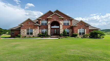 Obraz premium Classic Virginia farmhouse nestled in rolling countryside with historic stone walls and extensive pastures, traditional American architecture meets modern living