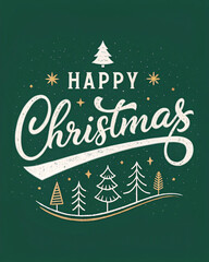 Vintage White "Happy Christmas" Greeting Card on Dark Green Background