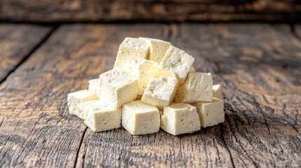 A pile of cubed tofu on a wooden surface, showcasing its texture and form.