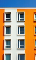 Fototapeta premium Exploring Contemporary Architecture: A Colorful Residential Building with Unique Window Designs and Clean Aesthetic Lines in an Urban Setting