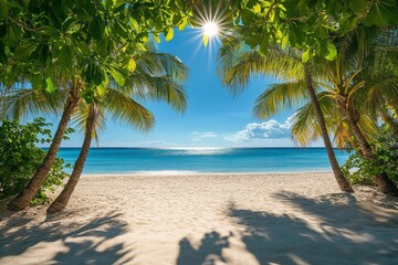 Obraz premium A serene beach view with palm trees and bright sunlight shining over clear blue waters