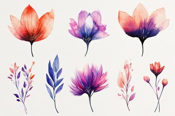 Obraz premium Colorful watercolor flowers in a variety of shapes and sizes against a white background