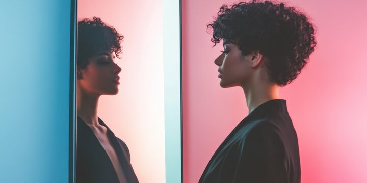 A person standing in front of a mirror, with one side reflecting their pre-transition self and the other their current self