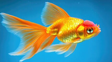 Fototapeta premium Vibrant goldfish with flowing fins gliding through crystal-clear blue water, showing every colorful scale and detail in a bright, clean aquarium