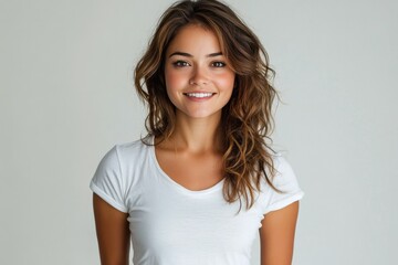 Fototapeta premium Young woman with long hair poses confidently in a white shirt against a neutral background
