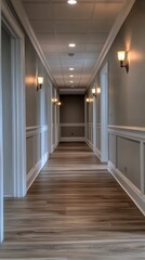 Elegant corridor with stylish lighting and wooden flooring in a modern home