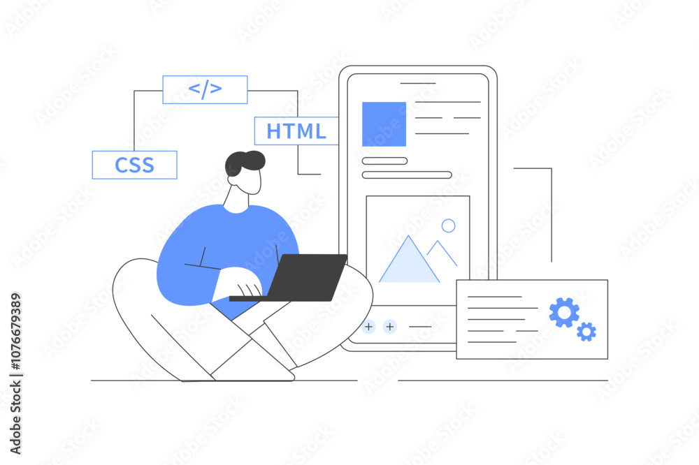 Aufkleber hybrid mobile app development. web developer programmer technology. flat cartoon vector illustration