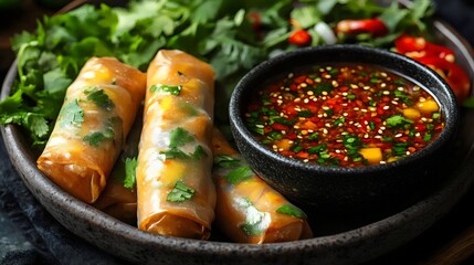 A plate of food with three rolls and a bowl of sauce