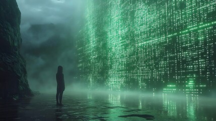 A person stands in front of a green wall of numbers