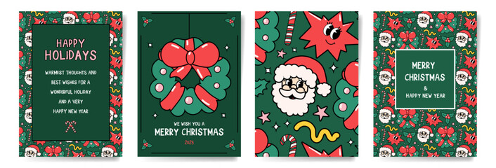 Set of Christmas Corporate Holiday cards with cartoon groovy style ornate frames, background and copy space. Universal artistic templates, vector illustration