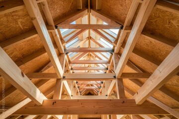 Roof Truss Structure: A stunning view of a wooden roof truss, highlighting the intricate details and the strength of the construction. The beams are arranged in a symmetrical pattern.
