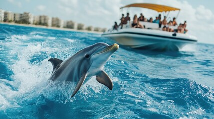 Fototapeta premium Close-up of dolphin making waves beside a boat, capturing the excitement of passengers as it plays in the water