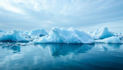 Melting icebergs floating in tranquil blue waters under cloudy sky
